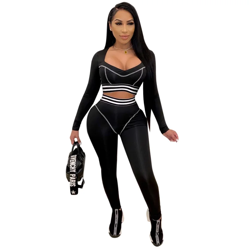 

2020 Wholesale 2 Piece Set Women Clothing Black Patchwork Striped Long Sleeve Tops Casual Tracksuit Jogger Pants Two Piece Set, Black ,apricot