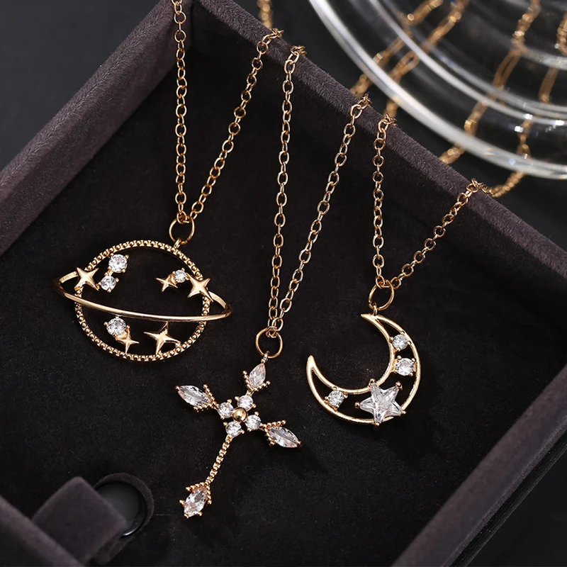 

Diamond Crystal Planet Moon Pendent Necklace Fashion Gold Rhinestone Star Cross Necklaces Wedding Jewelry