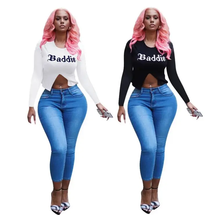 

Newest Design 2021 Summer Ladies Fashion Casual Long Sleeve Letter Print Women's Sexy Crop Tops fall clothing for women