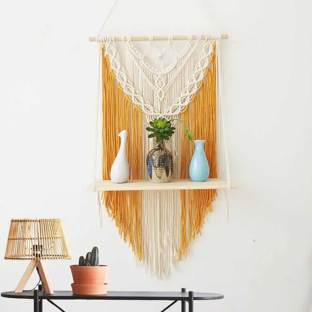 

Beautiful Yellow Decorative Macrame Wall Hanging Shelf, Boho Chic Bohemian Wall Art Home Decor, Beige