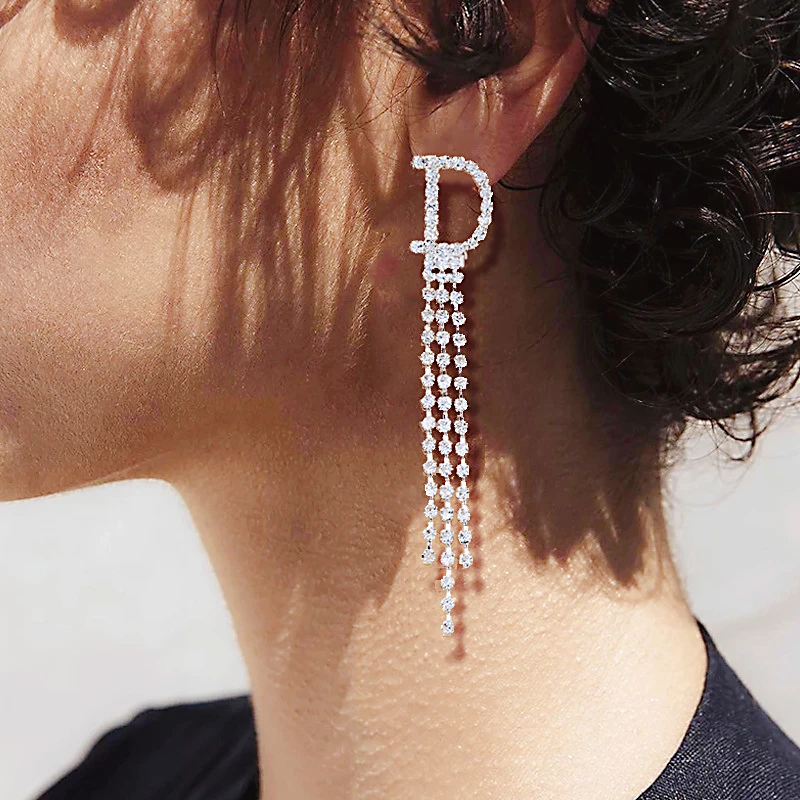 

Factory Original Long Tassel Earrings Bohemian Fashion Creative Silver Earrings A-Z Initial Earrings Stud Letter Trend Ear Stud