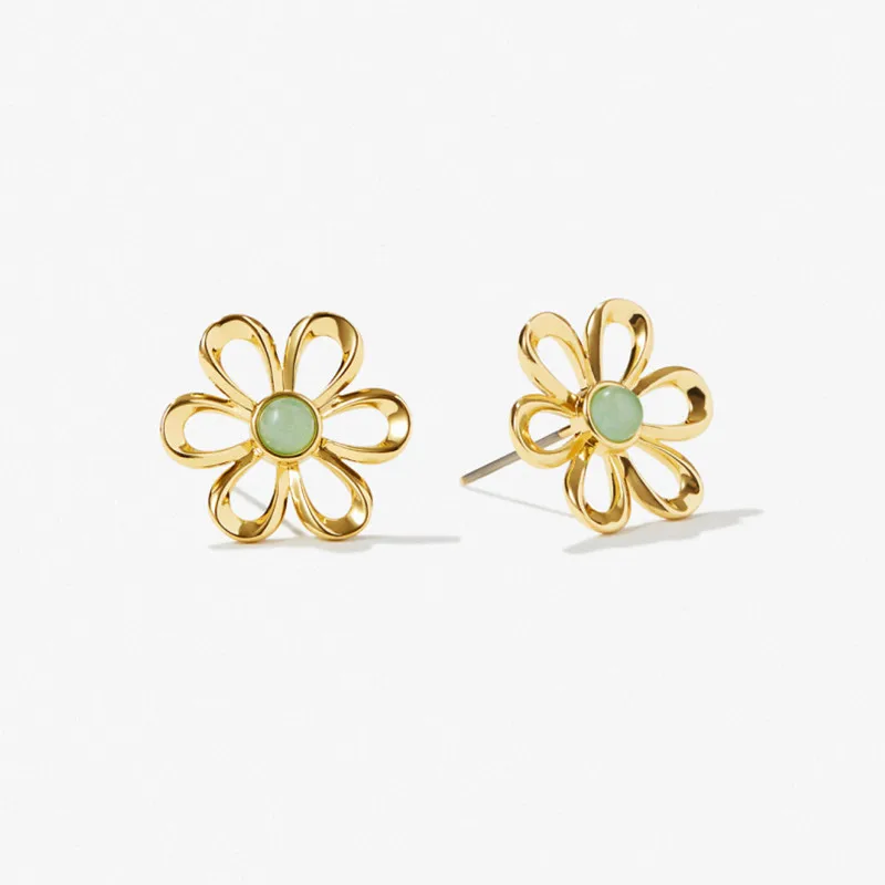 

INS Style Light Luxury Green Aventurine Flower Element Earrings 18K Gold Plated Earring For Women