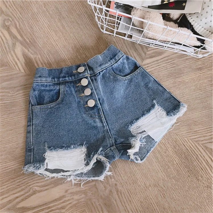

Girl Jeans Shorts Fashion New Baby Girl Button Denim Shorts Kids Casual Broken Hole Pants Girls Stretch Ripped Jeans, As picture