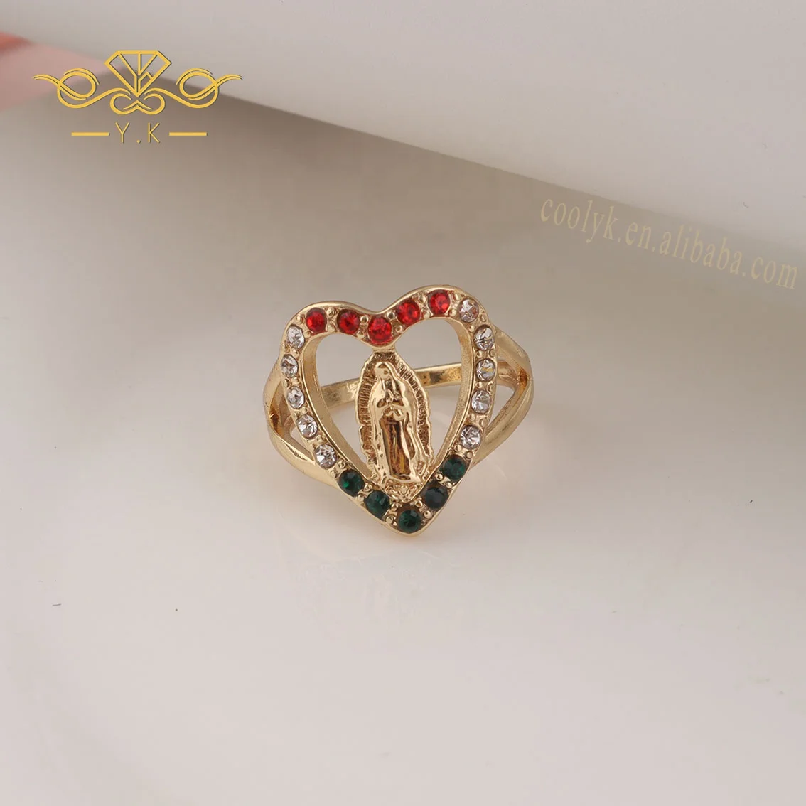 

Unique Religious Jewelry Virgin Mary Guadalupe Two Tone Plated Ring with Tricolor Zircon