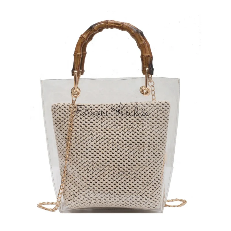 

Transparent Bag Women's 2021 New Fashion Korean Women's Large Capacity PVC Jelly Bag Bamboo Handle Mother Bag