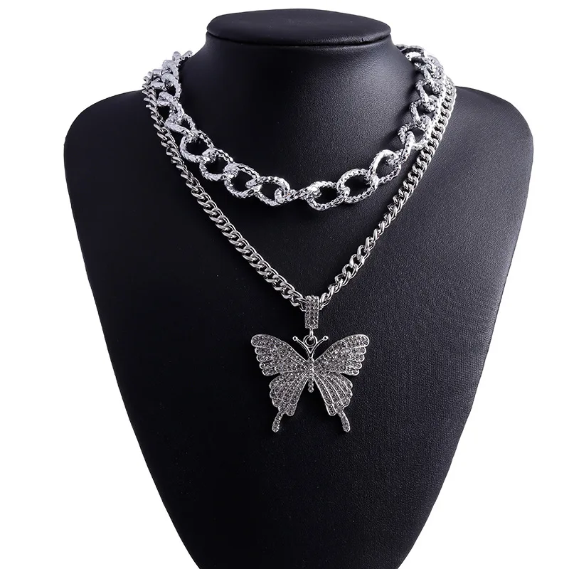 

Fashion women cuban link chain butterfly ice out bling necklace, As pic