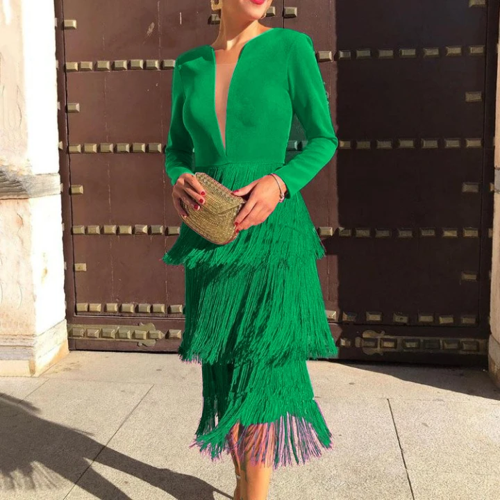 

New Design Christmas V Neck Tassel Patchwork Zipper Female Prom Dresses, Green