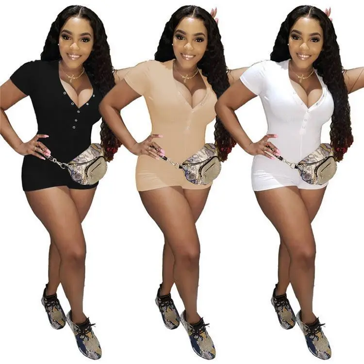 

L06870 Solid Color Button V Neck Amazon Fashion Bodycon Jumpsuit 2021 Women Jumpsuits