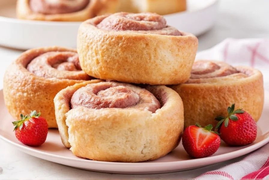Perfectly baked strawberry cinnamon rolls with gooey center and cream cheese frosting on rustic wooden platter