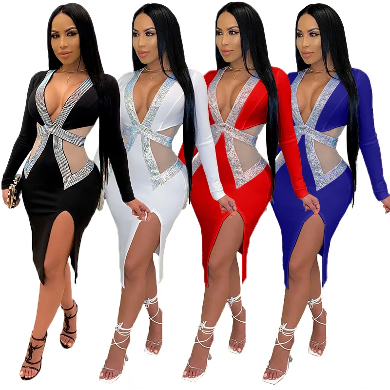 

Bunny BN-8820V Irregular New Arrival 2020 Night Club Hot Drilling Girls' Sexy Women Clothing Dresses, Picture
