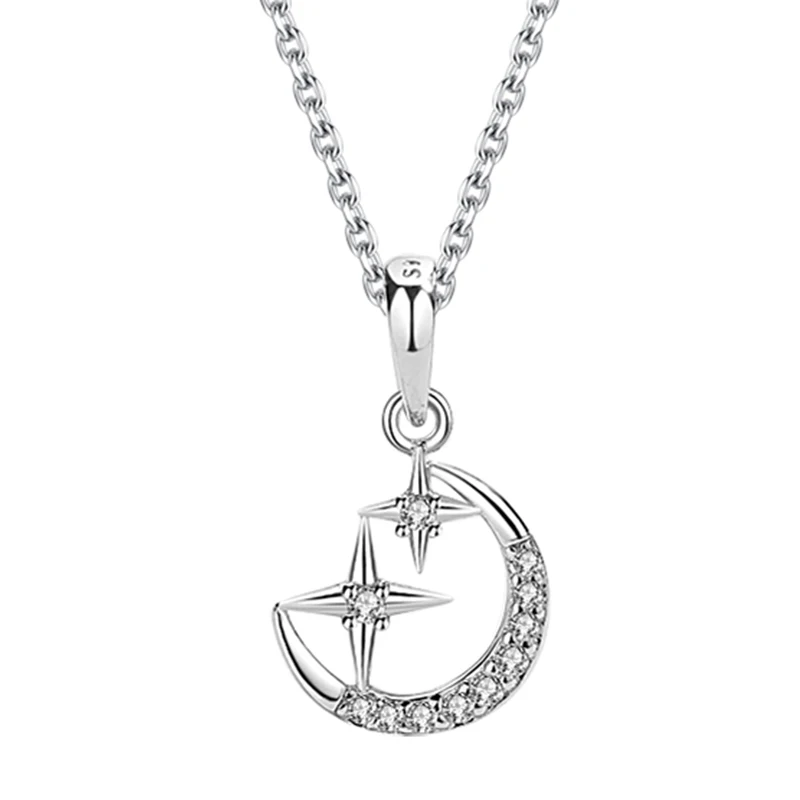 

White Gold Small Crescent Moon Clavicle Necklace Dainty Sterling Silver Zircon Star Moon Pendant Necklace for Ladies Girls