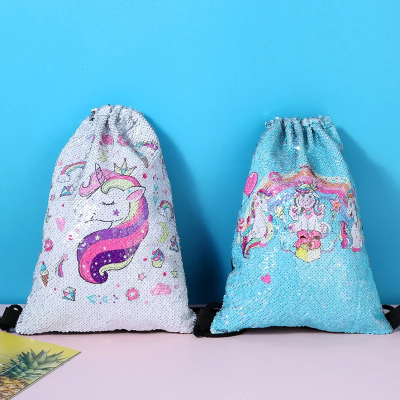 

Girls Leisure Colorful Sequin Pencil Case Sequin Drawstring Pocket Backpack Children Cartoon Drawstring School Bag, Customized