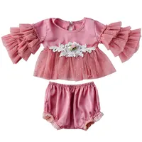 

Boutique cute pink little baby girl long ruffle flower clothing pearl tunic clothing set