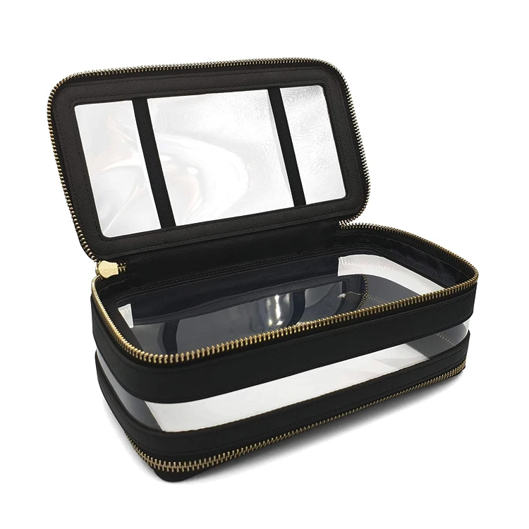 

Clear Makeup Bag Cosmetic Organizer Dual-Side Leather Make Up Brush Organizer with Clear Plastic Windows, Black and clear