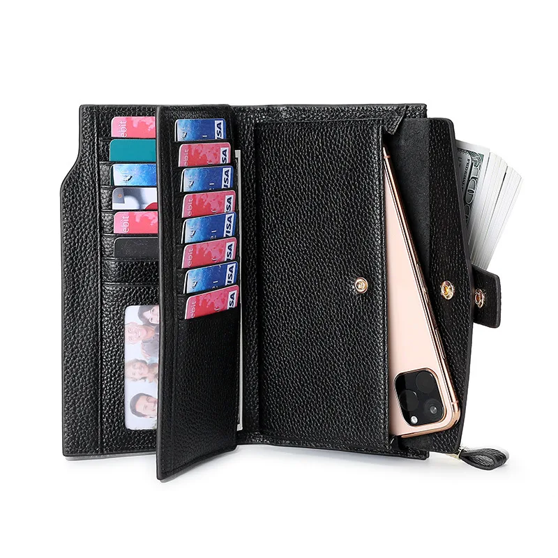 

New RFID Multifunctional Lychee Grain genuine Leather hasp Long Wallet phone bag men small clutch bag