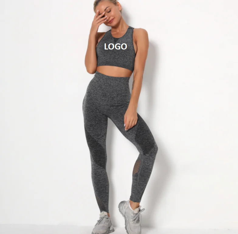 

Newest Women Solid Color Seamless Knitted Yoga Set Sexy Shockproof Gather Sports Bra Quick Dry Leggings Fitness Apparel