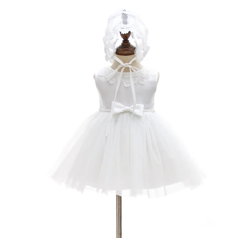 

2021 High Quality Silk Fabric Sleeveless Net Yarn Christening Gown Baptism Dress, White