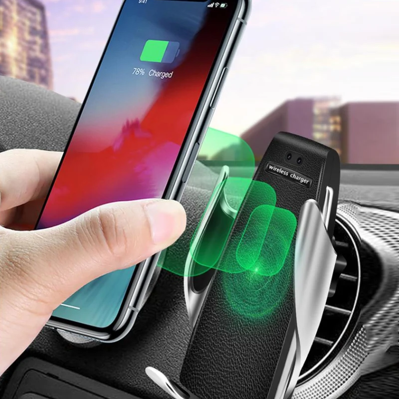 

Qi Wireless Car Charger Charging Auto-Clamping Air Vent Dashboard Car Mobile Phone Holder For Iphone 11/11 Pro Max/Xs/Xr/X/7/6/8, Black+silver