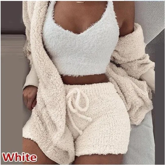 

2021 Velvet Fuzzy Sleepwear Suit Plus Size 3 Piece Knit Set Loungewear Sets Fuzzy Pajamas For Women