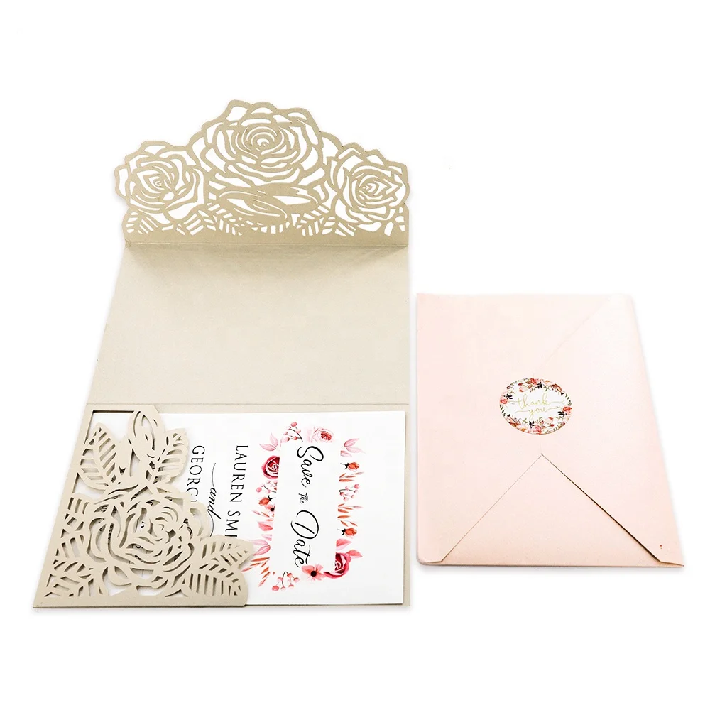 

Luxury Luxury Laser Cut Khaki Hollowed Paper Rosel Bridal Shower Birthday Wedding Invitation Card