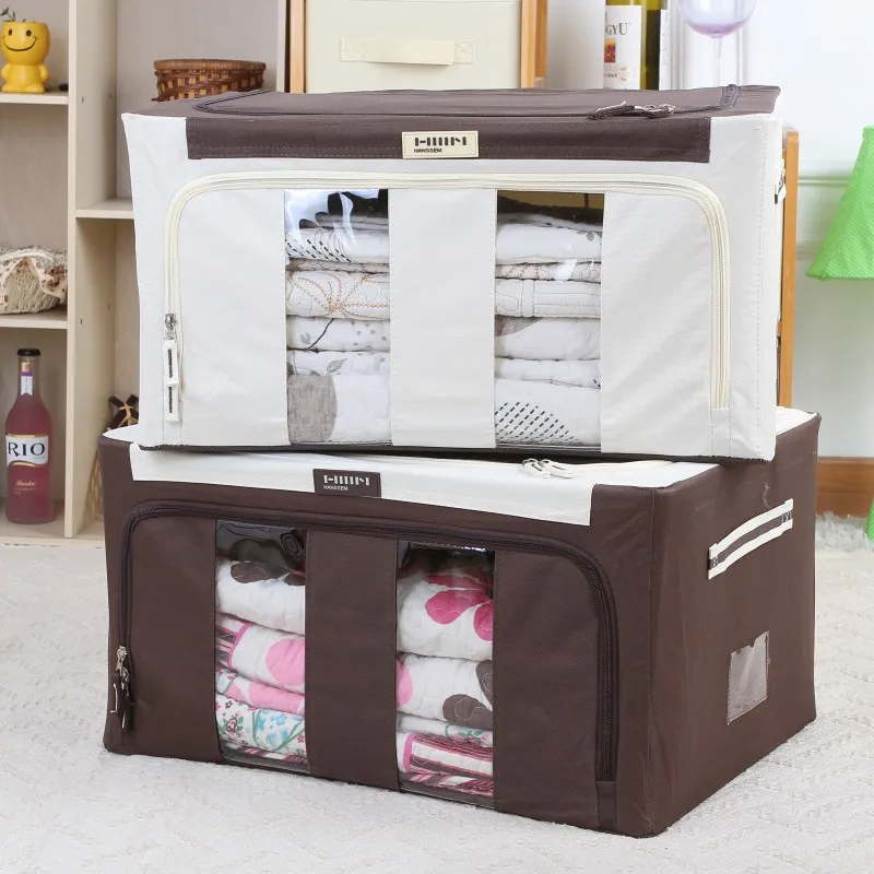 

Classic Style 120L 130L Large Capacity Durable Foldable Fabric Storage Box for Clothes Sundries Storage, Coffee/beige