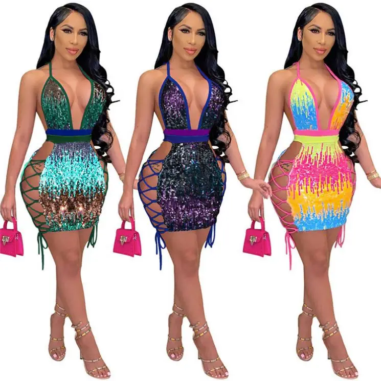 

MD-2022 Latest Design Women Fashion Clothing Bandage Backless Sexy Bandage Halter Sequin Women Casual Dresses Lady Club Dress