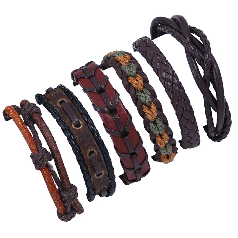 

Vintage Handmade Wax Cord Multi Layered Adjustable Wrap Genuine Cow Leather Rope Woven Bracelet Set Jewelry