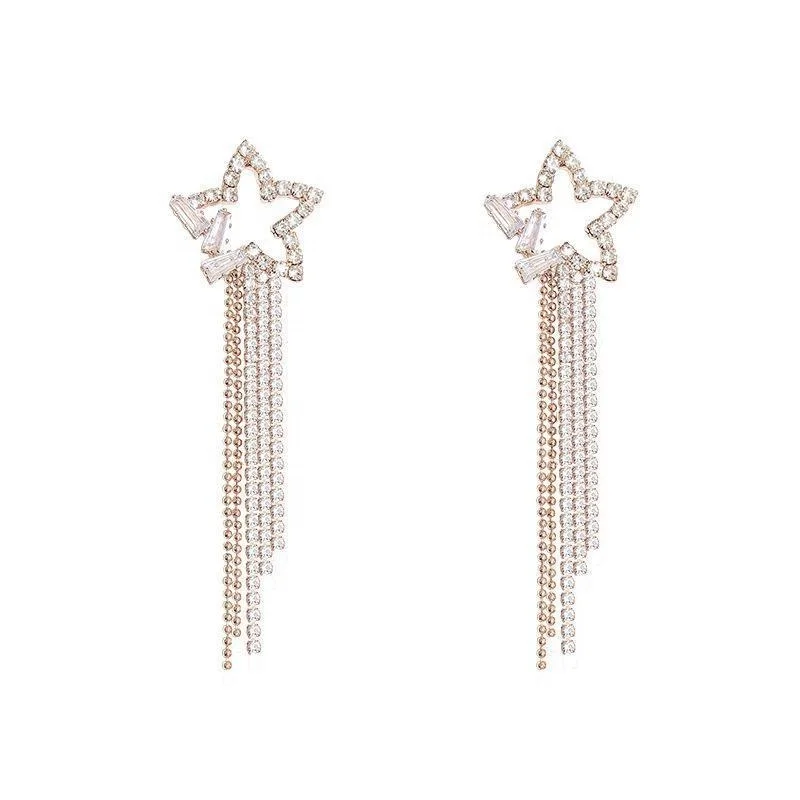 

Bohemian Star Tassel Pentagram Statement Crystal Long Drop Earring Jewelry For Party, As picture show