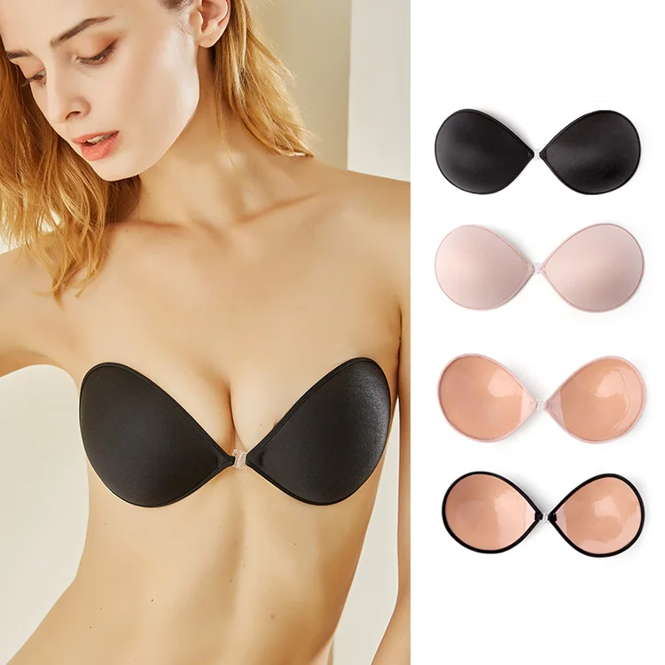 

Amazon Hot Selling Women Strapless Front Buckle Round Invisible Bra Push Up Sticky Bra, Black, skin, beige