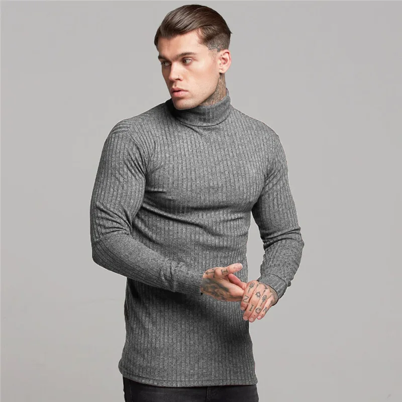 

Hotsale Mens Autumn Plain Color Long Sleeve Shirt Slim Fit Design Turtle Neck Full Sleeve T Shirts Men, As picture show