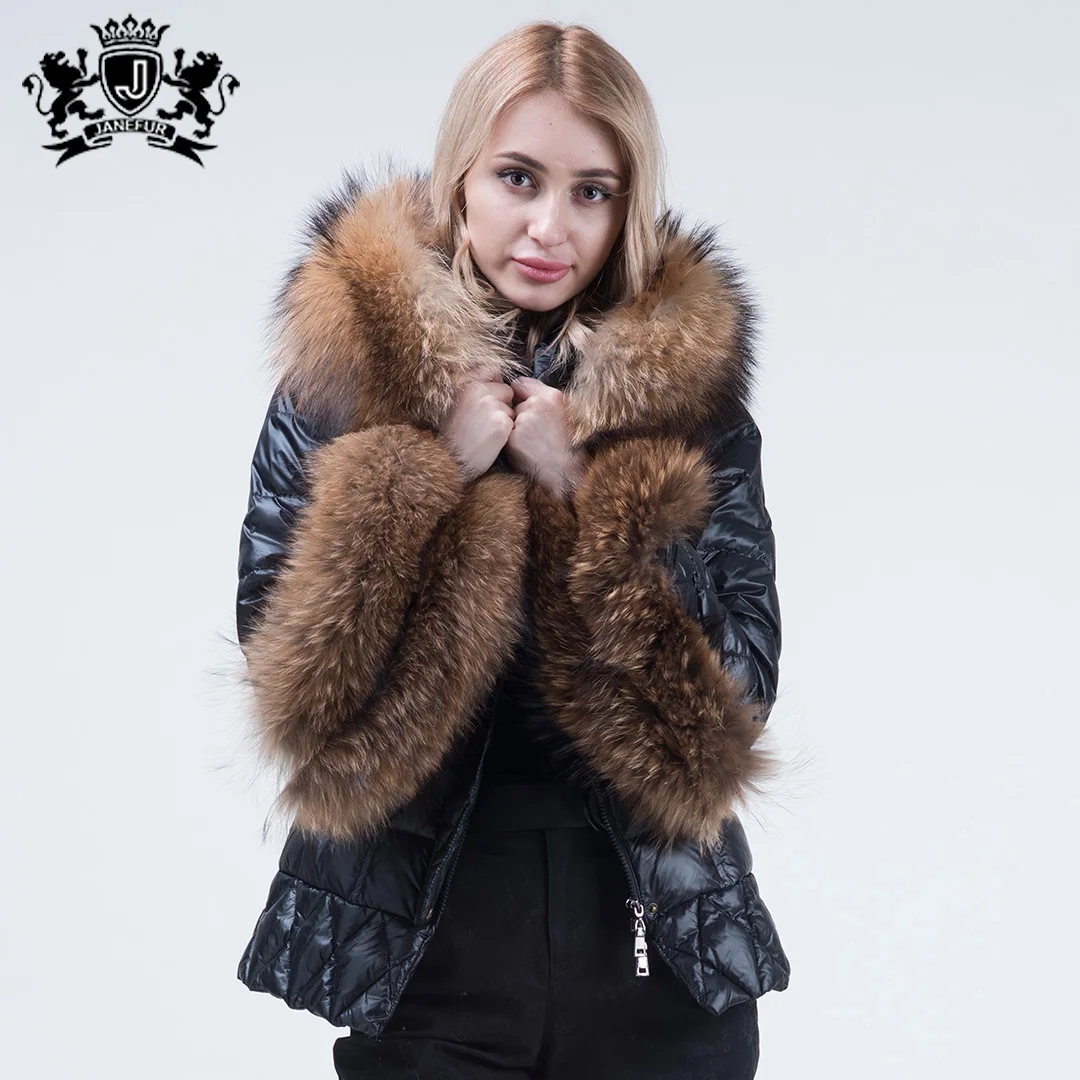 

New design down coat raccoon fur hooded duck down jacket with zipper