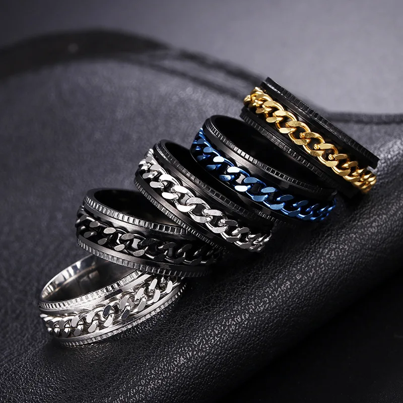 

Hip hop Men Jewelry Stainless Steel Gold Plated Rotatable New Design Statement Cuban Chain Finger Anxiety Spinning Ring