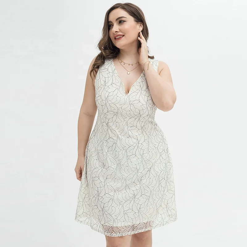

Hot Sale Plus Size Women Summer Sexy V-Neck Midi Lace Fabric Dress For Women