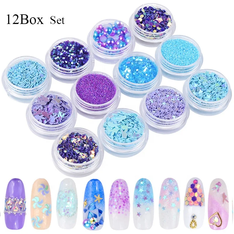 

12 Box/set Laser Colorful DIY Beauty Design Power Broken Paillette Irregular Nails Sequins Nail Dust Glitter