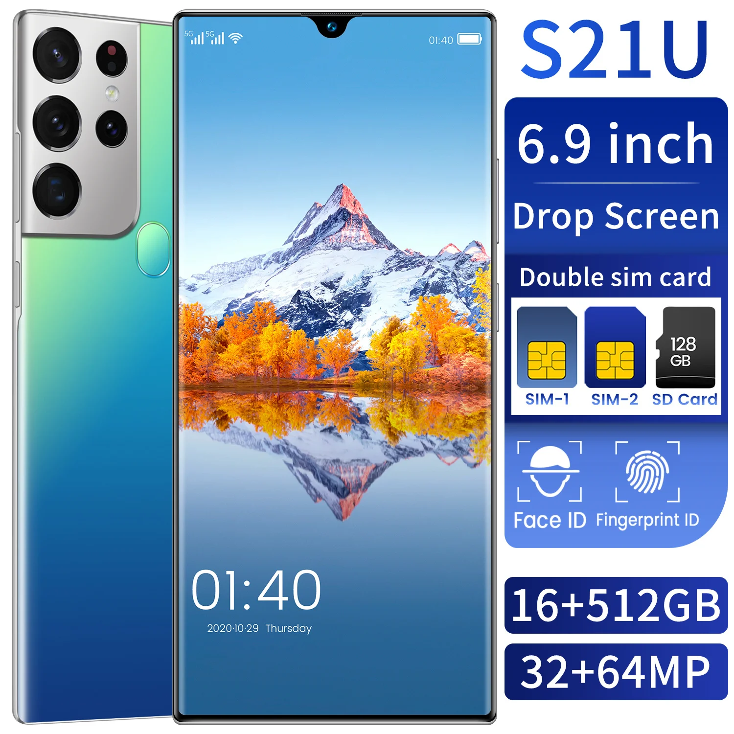 

S21U Unlocked Smartphone 6.9 Inch 3040x1440 MTK6889 10 Core Android 8GB + 256GB 5G 6800mAh Large Capacity Mobilephone, Black,blue,purple