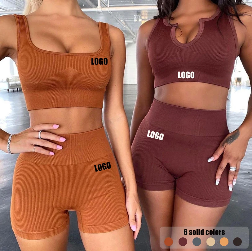 

2021 Wholesale Ribbed Workout Sets Women's Two Piece Outfits Seamless Sport Fitness Shorts Sets Workout Wear Women Yoga Set, Can do as your require