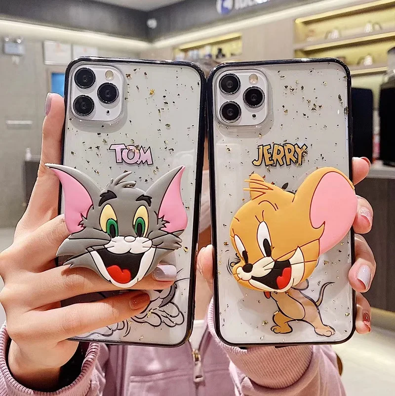 

Trend cartoon Cat and mouse stand Four corners drop proof TPU transparent Phone Case Cover For iphone 11 pro max