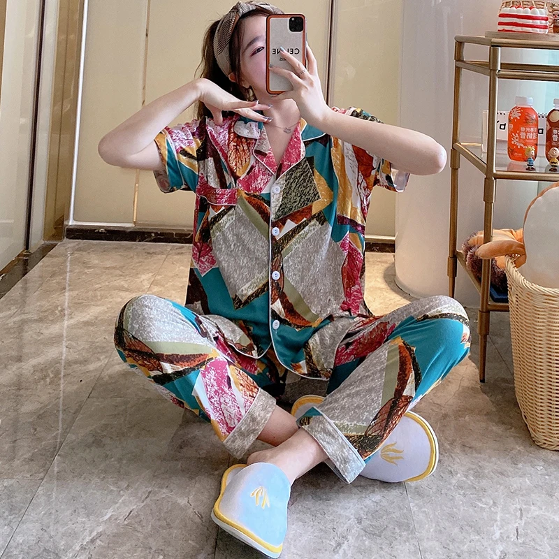 

women's pajamas summer Korea style milk silk short sleeve trousers 2 pieces set cartoon house wear sweet sleepwear for women, Picture shows