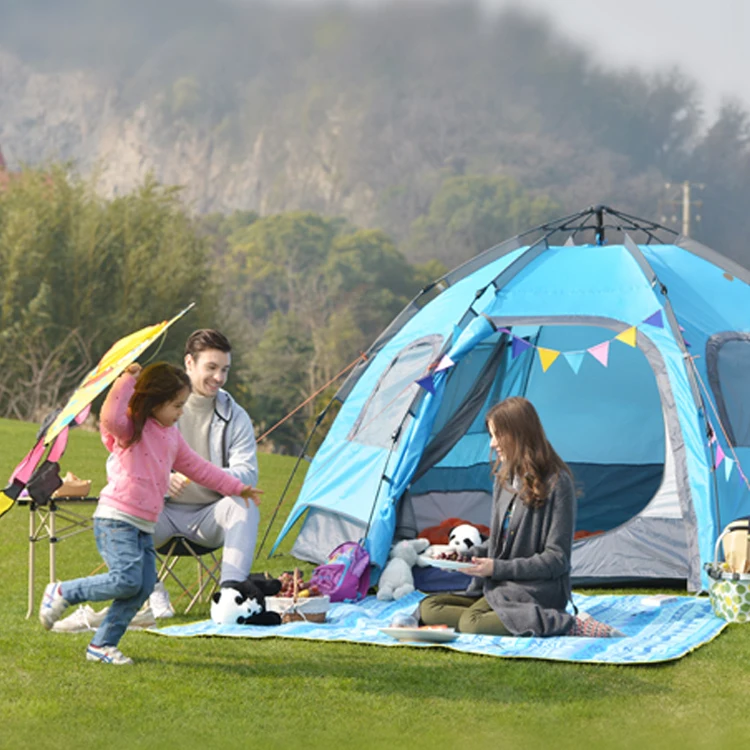 

3-4 Person Outdoor Family Automatic Hexagon Easy Pop Up Picnic Camping Tent, Blue / customized