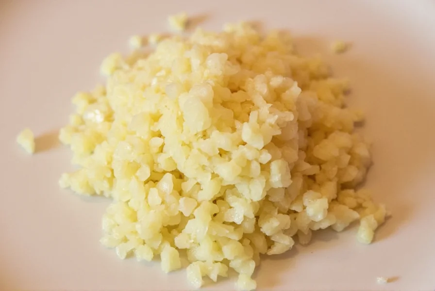 Close-up of fresh garlic cloves next to measuring spoons showing minced garlic equivalent