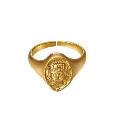 

Punk Gold Face Portrait Coin Open Ring for Women Vintage Adjustable Chain Finger Rings Geometric Statement Party Jewelry