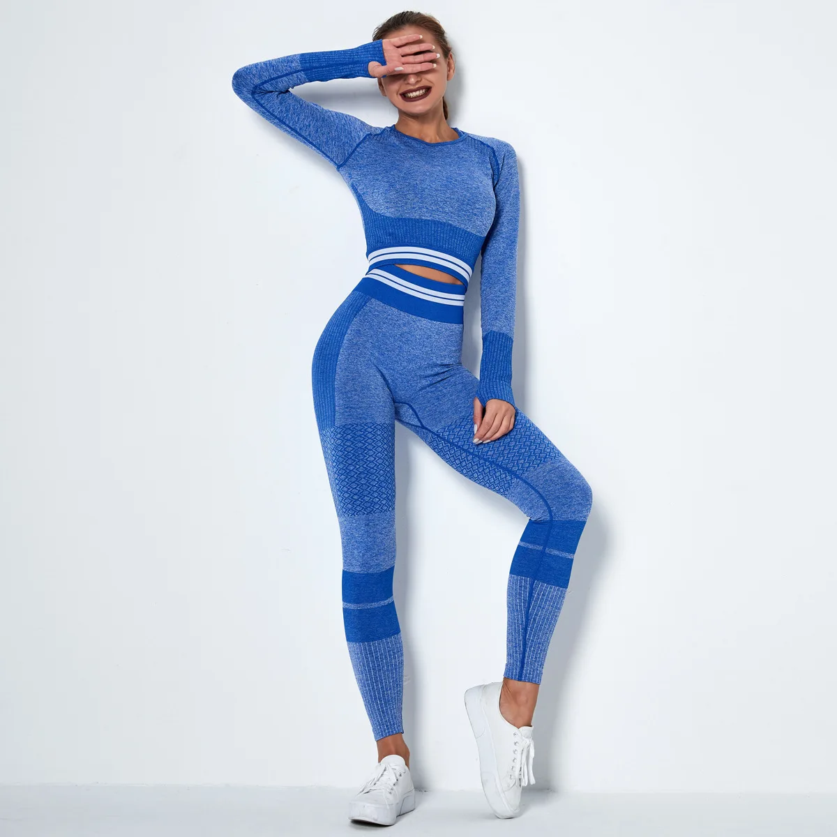 

Seamless knitted premium yoga long sleeve suit 4 colors available Women Fitness Sportswear Gym Leggings 2 Pcs Sports yoga Set