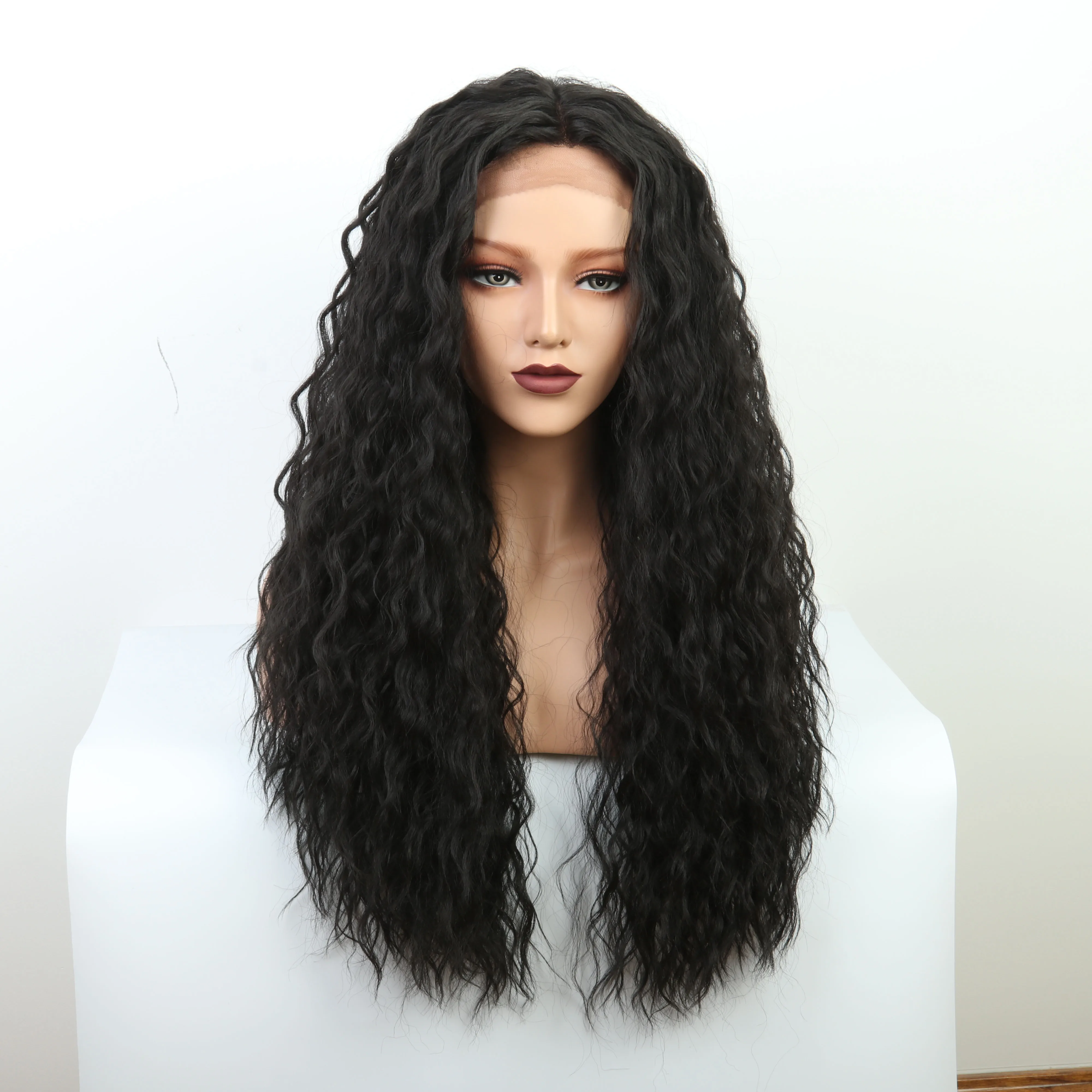 

Factory Price Natural Black Synthetic Lace Wig Long Water Wave Front Lace Wig Soft High-quality Halloween Wig For Pretty Girl