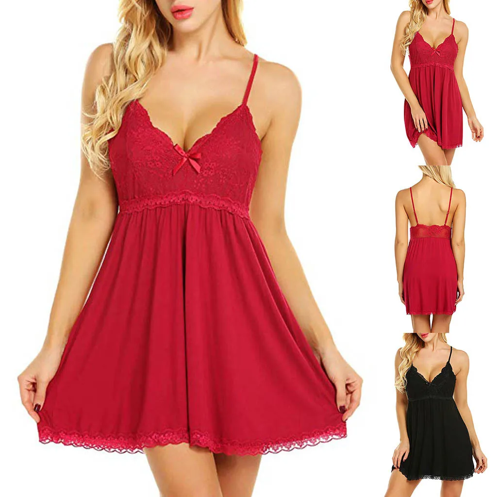 

Hot Sell Ladies Sexy Homewear Lace Satin Nightgown Sleepwear Silk Women Pajamas