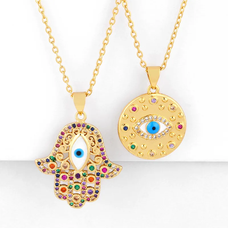 

18k Gold Plated Jewelry Bling Bling Cubic Zirconia Evil Eye Hamsa Hand Pendant Necklace For Female Gift Sale
