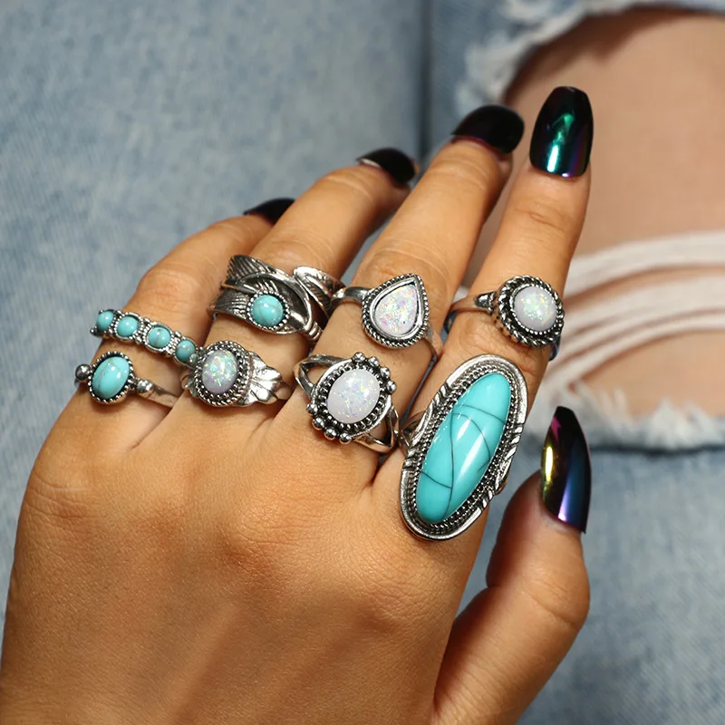 

New Turquoise Retro Multi-ring Sets Of 8 Teardrop Oval Feather Combination Ring Sets