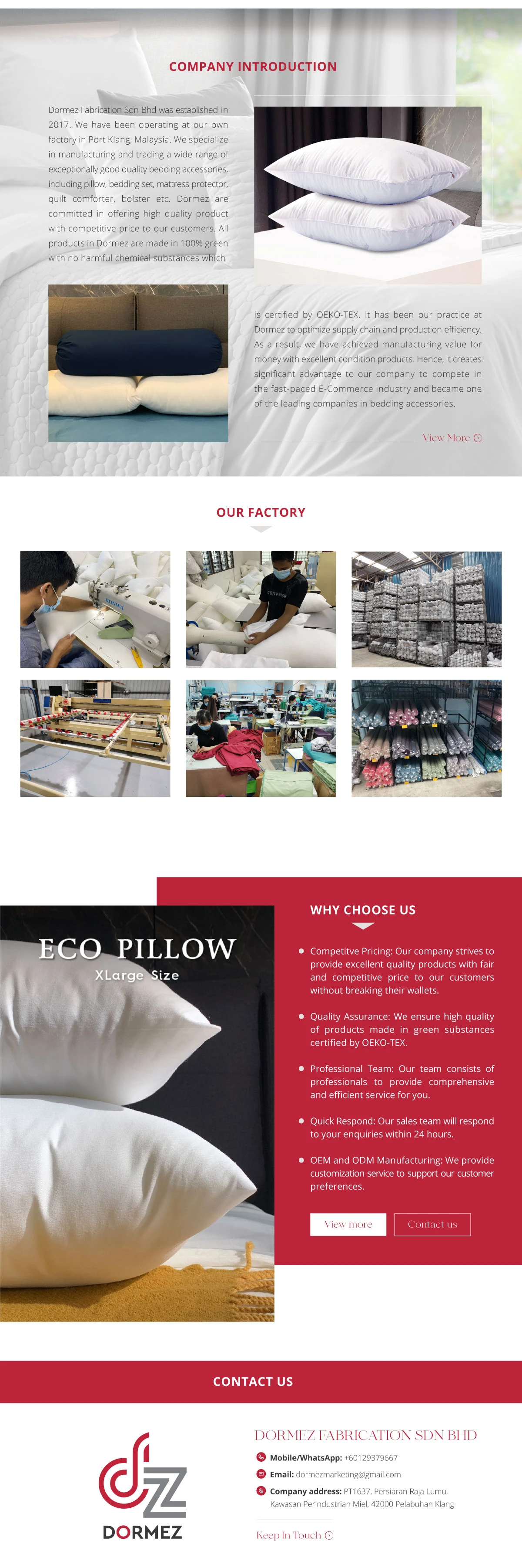 DORMEZ FABRICATION SDN. BHD. Pillow & Bolster, Bed Linen
