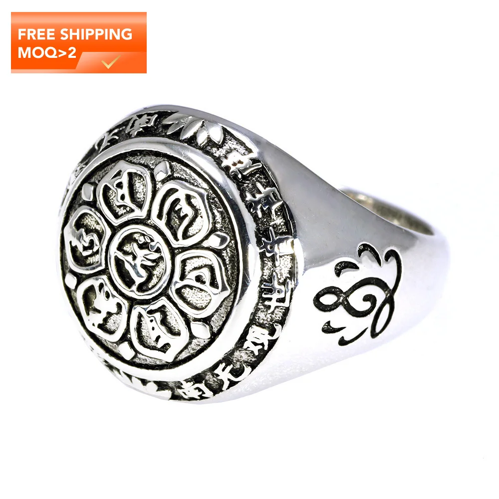 

Real Solid 925 Sterling Silver Jewelry Vintage Buddha Six Words' Mantra Rings For Women And Men Bijouterie Fine