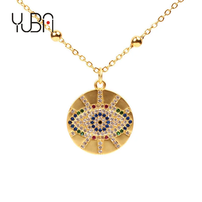 

Newest Interval Bead Chain Diamond CZ Evil Eyes Coin Necklace Vacuum Plated Inlaid Colorful Zircon Turkish Eyes Necklace