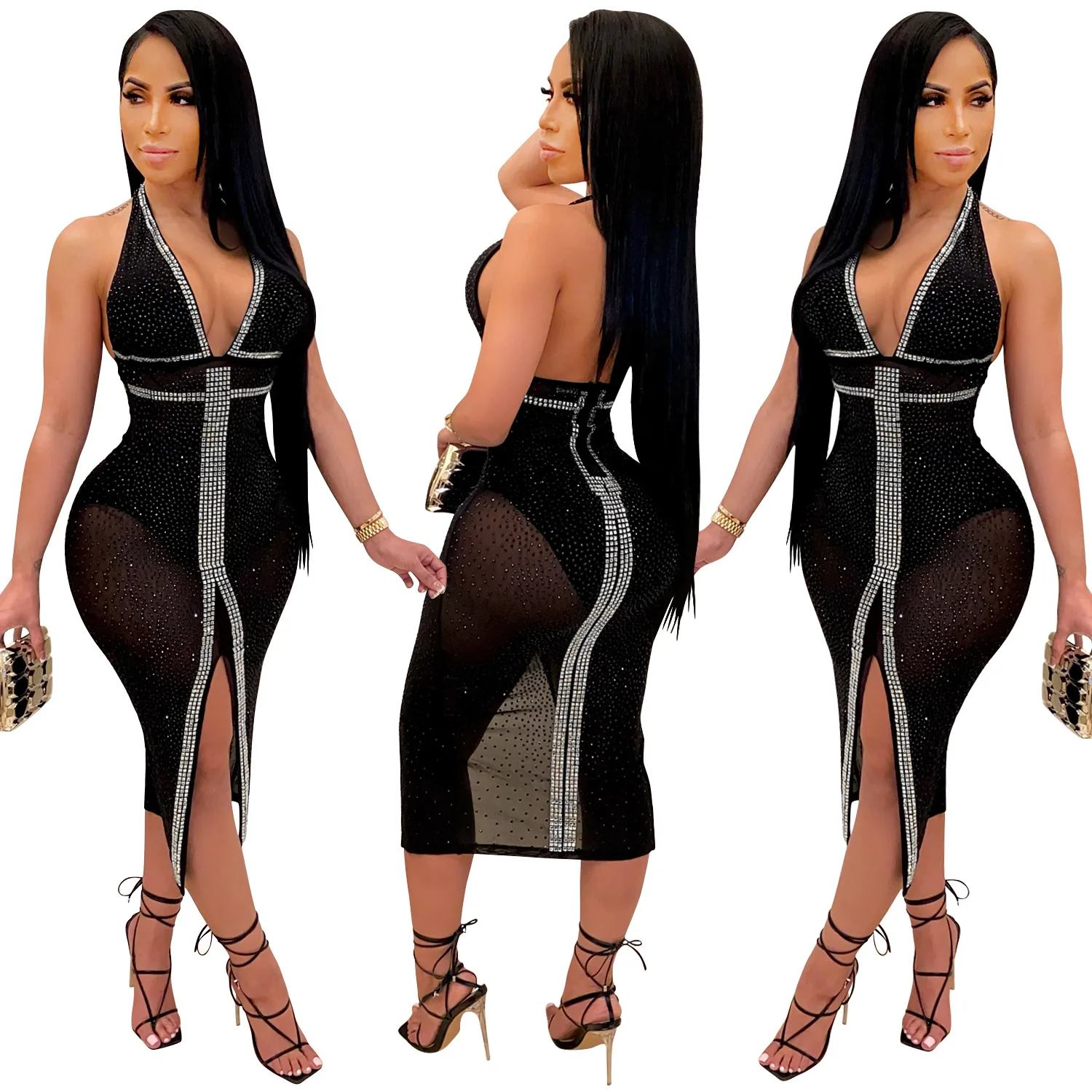 

women evening dress beaded casual dresses ladies halter mesh sexy midi backless deep v-neck club clothing